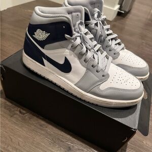 Jordan Navy and White Air Jordan 1 Mid Sneakers